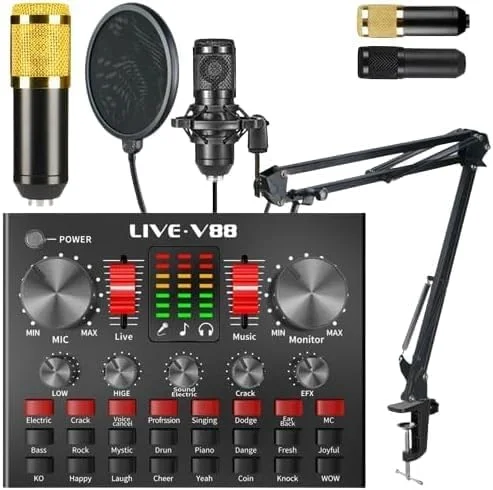 میکروفون کاندنسر TRADEXPRESS BM 800 به همراه کارت صدای V88، تجهیزات کامل استودیوی ضبط صدا، میکسر صدای خارجی به همراه میکروفون برای خوانندگی، پخش زنده و تولیدکنندگان محتوا