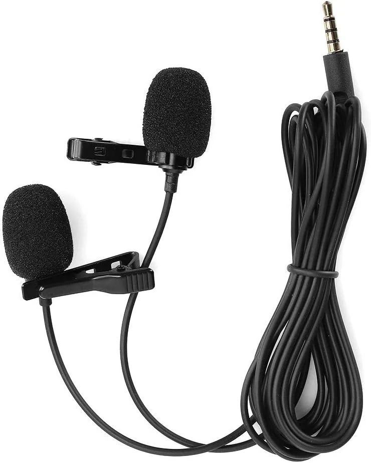 میکروفون مینیاتوری جیبی با گیره کراوات، صدای عالی با میکروفون های دوگانه، کاهش صداهای انفجاری، باد و تنفس با اسفنج پیچیده شده در میکروفون