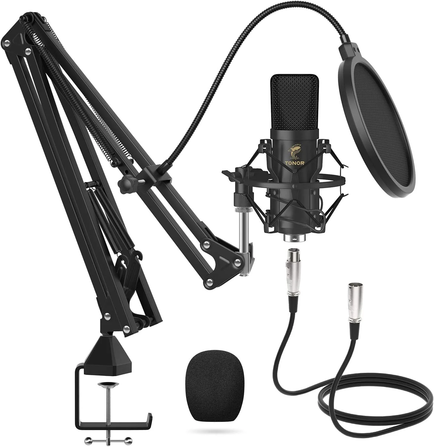 میکروفون کاندنسر XLR حرفه ای کاردیوئید استودیویی به همراه بازوی بوم T20، لرزه گیر، پاپ فیلتر مناسب برای ضبط صدا، صداگذاری، استریم، استودیوی خانگی و یوتیوب (TC20)