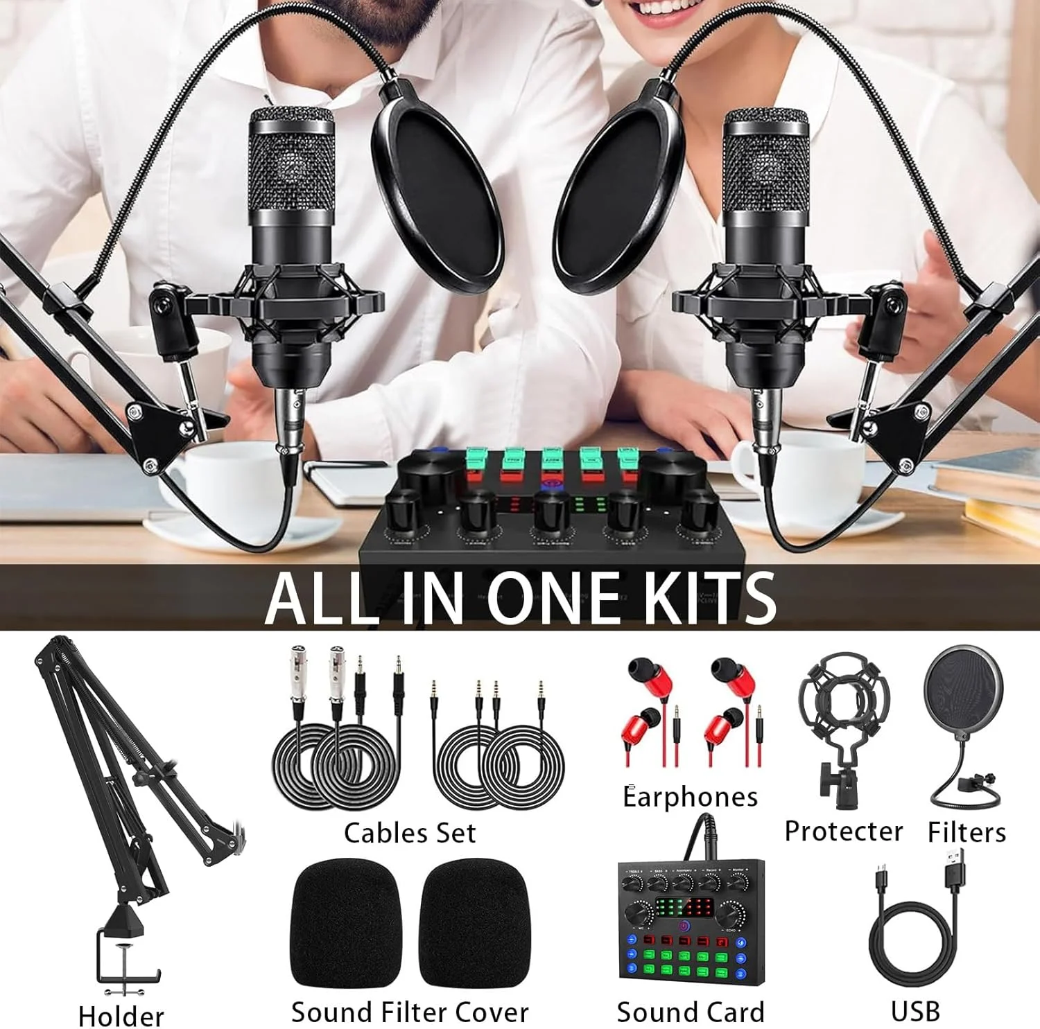 ست کامل پادکست BM800 برای 2 نفر، میکروفون کاردیوئید استودیویی، کارت صدا و میکسر DJ، ایده آل برای پخش زنده، آواز، TikTok و YouTube