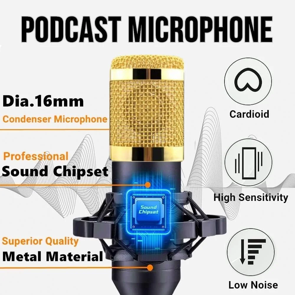 میکروفون ضبط کاندنسر داینامیک TECHBLAZE BM 800 به همراه کارت صدا + پایه بازویی رومیزی میکروفون + اسپلیتر صدا