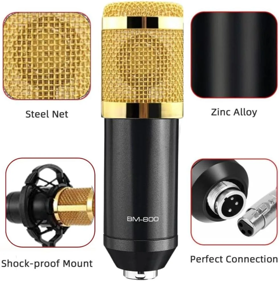 میکروفون کاندنسر TECHBLAZE BM800 به همراه لرزه گیر، کابل XLR 3.5 میلی متری، فیلتر بادگیر و تبدیل صوتی U شکل برای استار میکر، استودیو آواز سموئل، ضبط، یوتیوب (BM 800 مشکی)