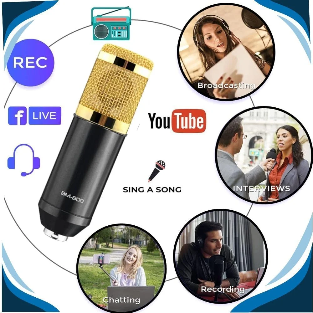 میکروفون کاندنسر TECHBLAZE BM800 به همراه لرزه گیر، کابل XLR 3.5 میلی متری، فیلتر بادگیر و تبدیل صوتی U شکل برای استار میکر، استودیو آواز سموئل، ضبط، یوتیوب (BM 800 مشکی)