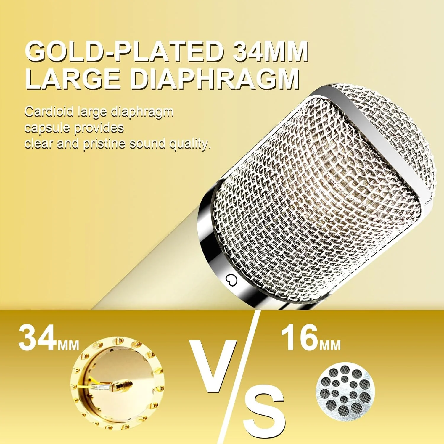 میکروفون کاندنسر تیوبی حرفه ای XLR استودیویی با دیافراگم بزرگ 34 میلی متری، میکروفون ضبط کاردیوئید برای بازی کامپیوتر، کیت میکروفون TM251S برای آواز، پادکست، یوتیوب - زرد