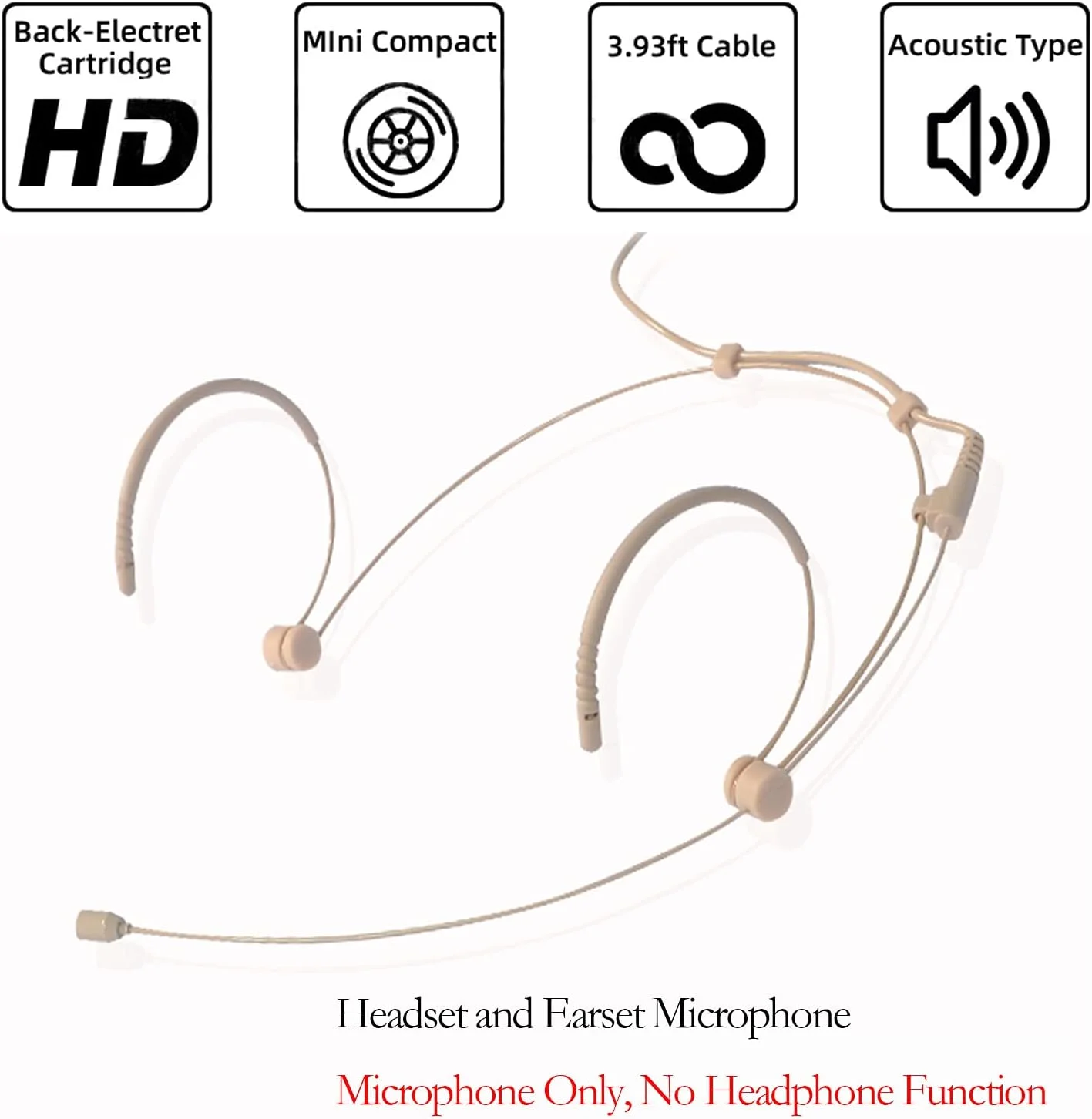 میکروفون هدست نامحسوس با قلاب گوشی، مناسب برای فرستنده های بی سیم، ایده آل برای سخنرانی ها، اجرای زنده، تئاتر، پادکست - بژ