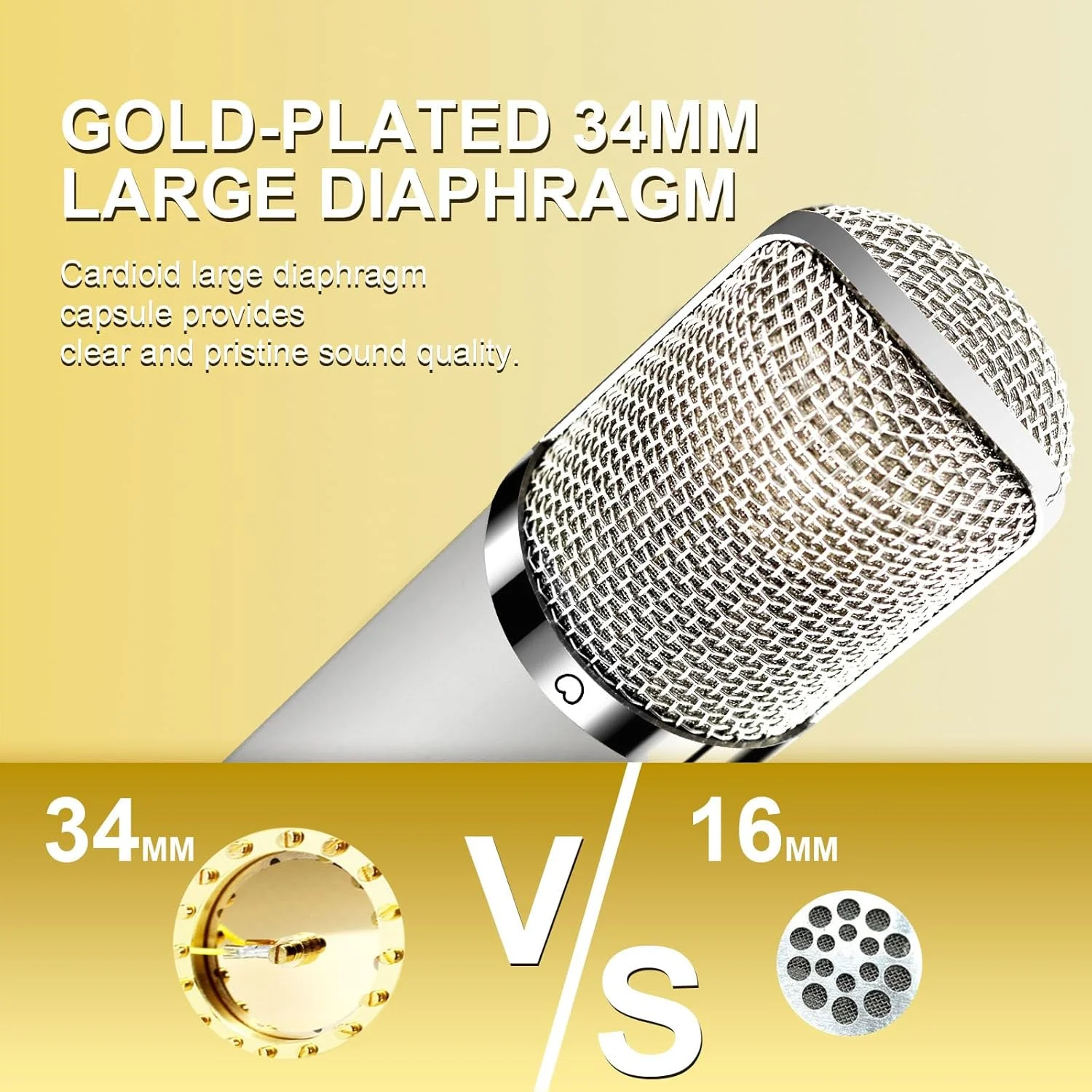 میکروفون استودیویی حرفه ای XLR با دیافراگم بزرگ 34 میلی متری، میکروفون ضبط کاردیوئید برای بازی، کامپیوتر، پادکست، یوتیوب - خاکستری