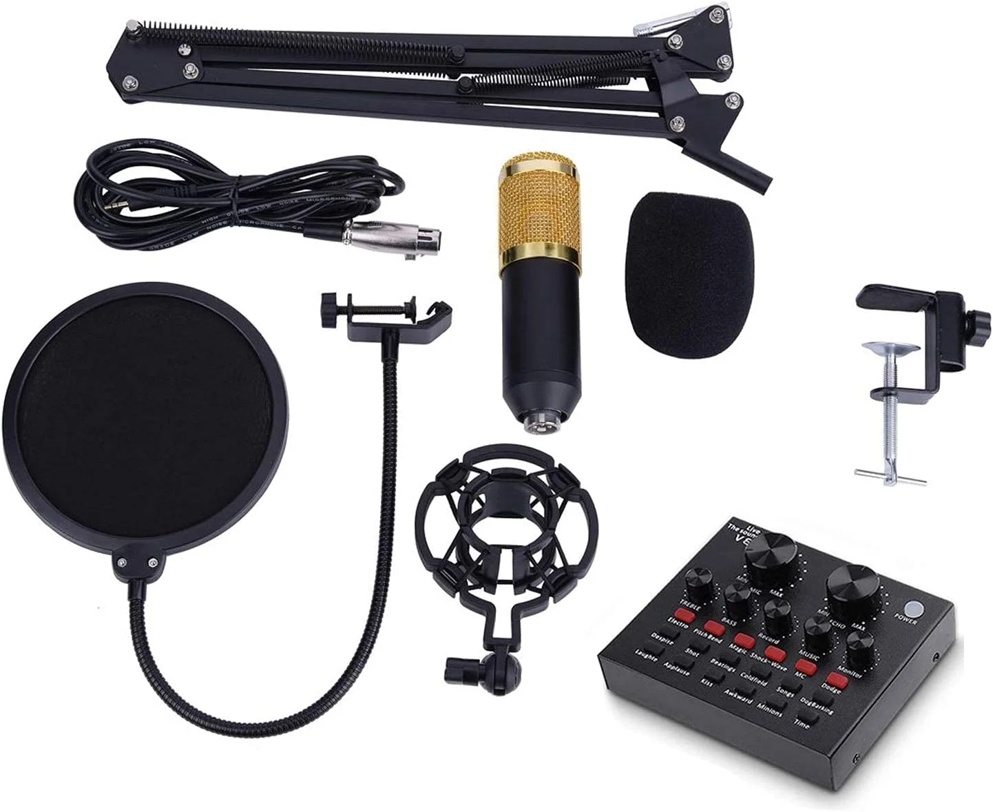 مجموعه میکروفون کاندنسر با کارت صدای زنده USB، میکروفون استودیویی کاردیوئید حرفه ای، پایه بازویی قیچی قابل تنظیم، پاپ فیلتر و لرزه گیر برای ضبط و استریم