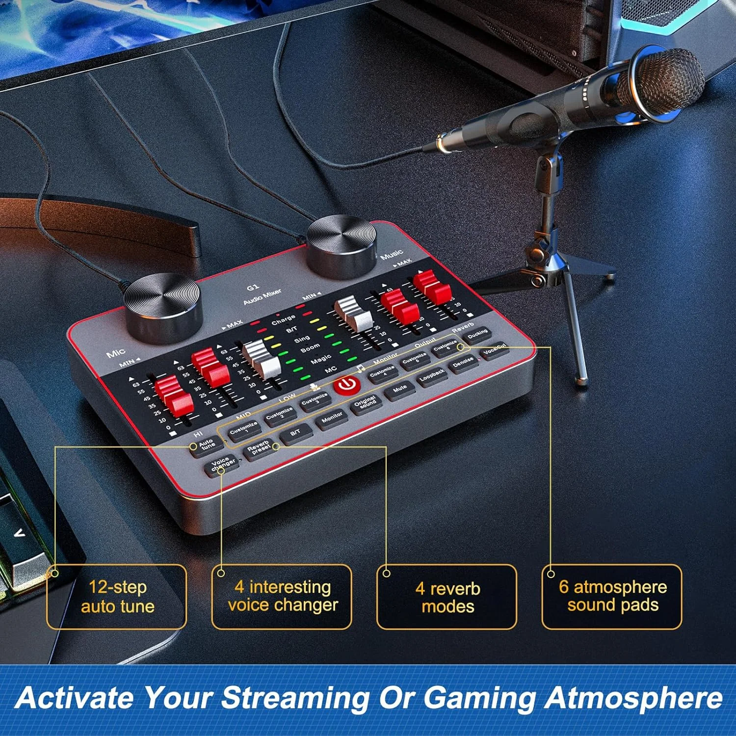 کیت میکسر صوتی G1 برای پخش زنده، کارت صدای زنده برای استریمینگ، کارت صدا/برد میکسر DJ رابط صوتی میکروفون خازنی برای کیت تولید کننده محتوای ویدیویی بازی Tiktok. کیت میکسر صوتی G1 برای پخش زنده، کارت صدای زنده برای استریمینگ، کارت صدا/برد میکسر DJ رابط صوتی میکروفون خازنی برای کیت تولید کننده محتوای ویدیویی بازی Tiktok.