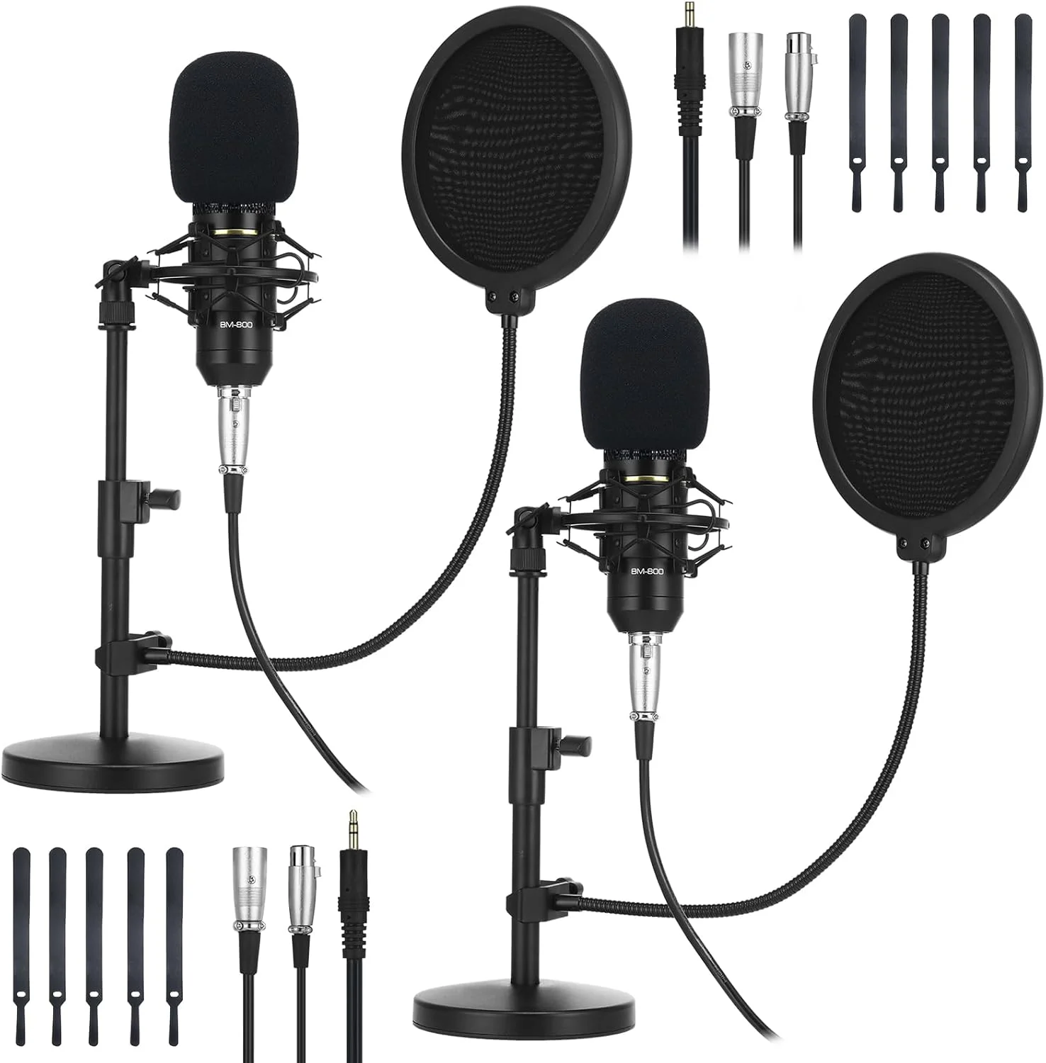 بسته 2 عددی میکروفون کاندنسر XLR استودیویی حرفه ای کاردیوئید شامل میکروفون های کاردیوئید، پایه ضد لرزش، فیلتر بادگیر، پایه فلزی، کابل نر به ماده برای پادکست و ضبط