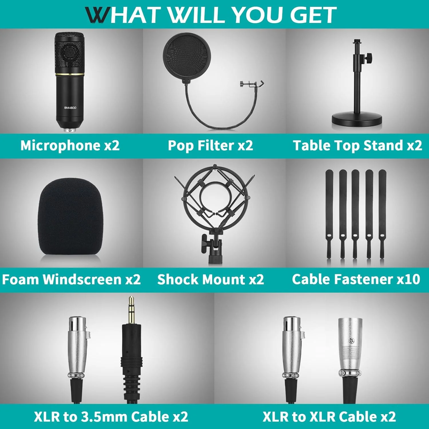 بسته 2 عددی میکروفون کاندنسر XLR استودیویی حرفه ای کاردیوئید شامل میکروفون های کاردیوئید، پایه ضد لرزش، فیلتر بادگیر، پایه فلزی، کابل نر به ماده برای پادکست و ضبط
