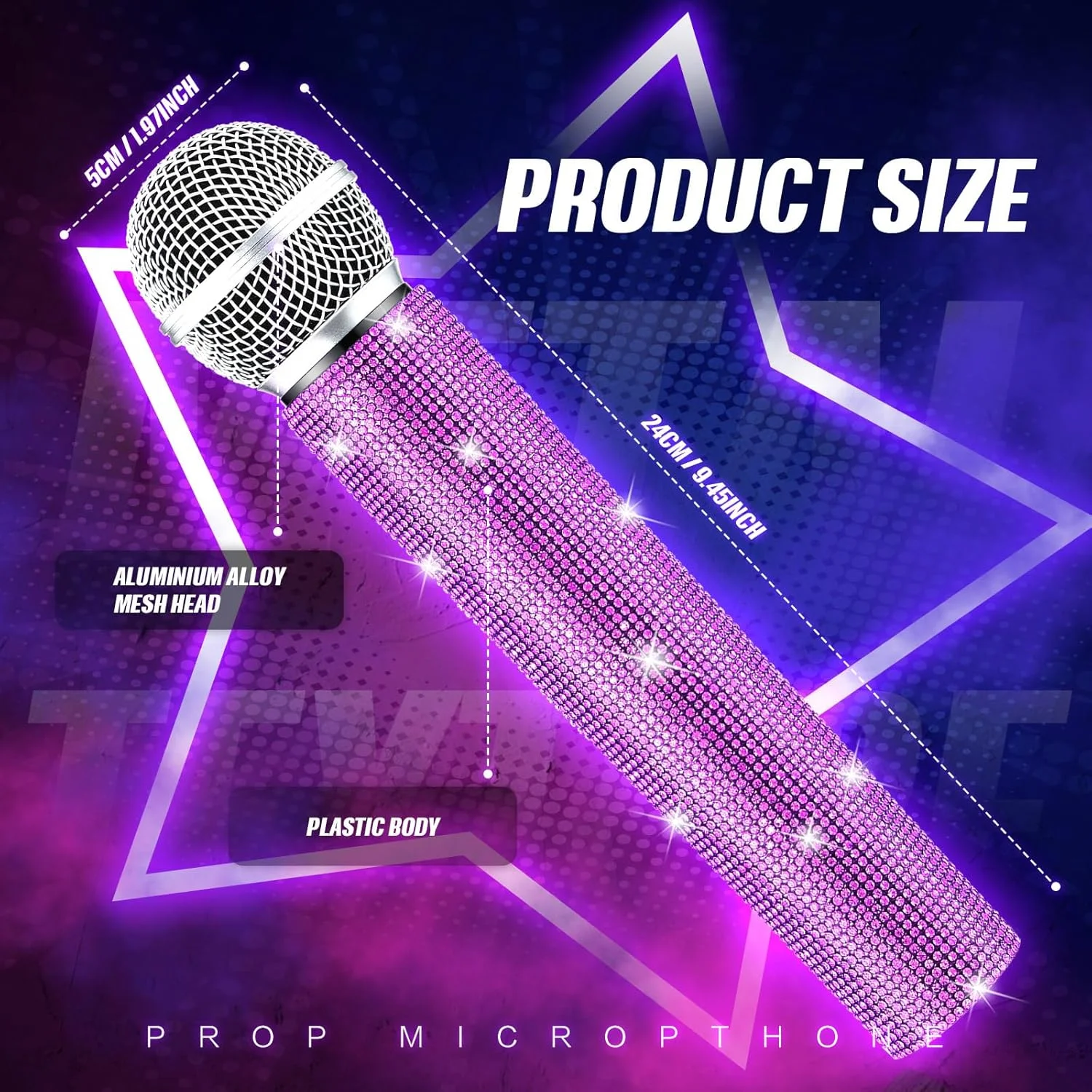 میکروفون اسباب بازی سان ووتا - تزئین شده با نگین های درخشان، پلاستیکی، مناسب برای مهمانی های نقش آفرینی (بنفش)