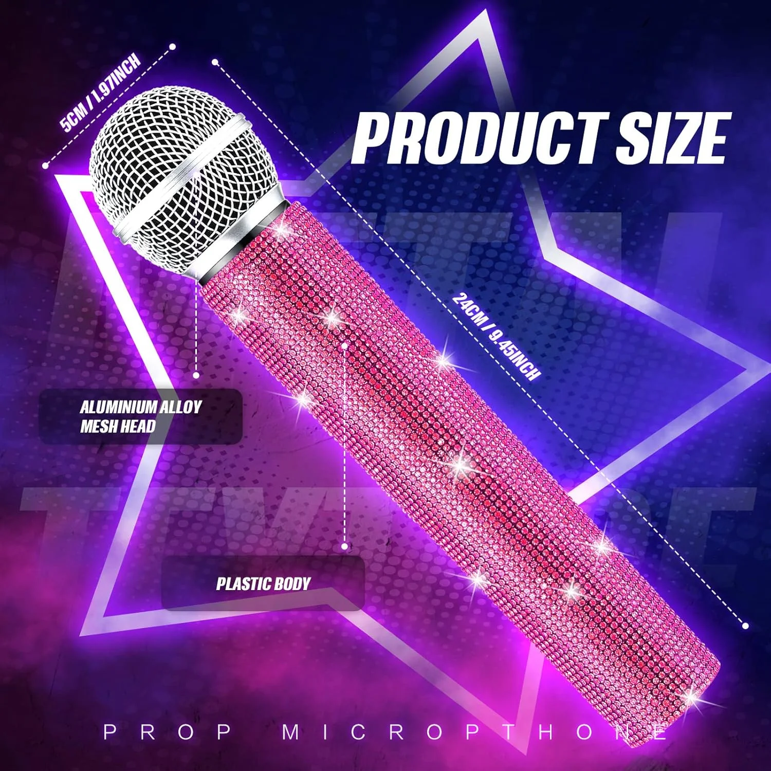 میکروفون اسباب بازی تزئینی Sanwuta با نگین های درخشان، میکروفون پلاستیکی براق برای مهمانی های فانتزی (صورتی)