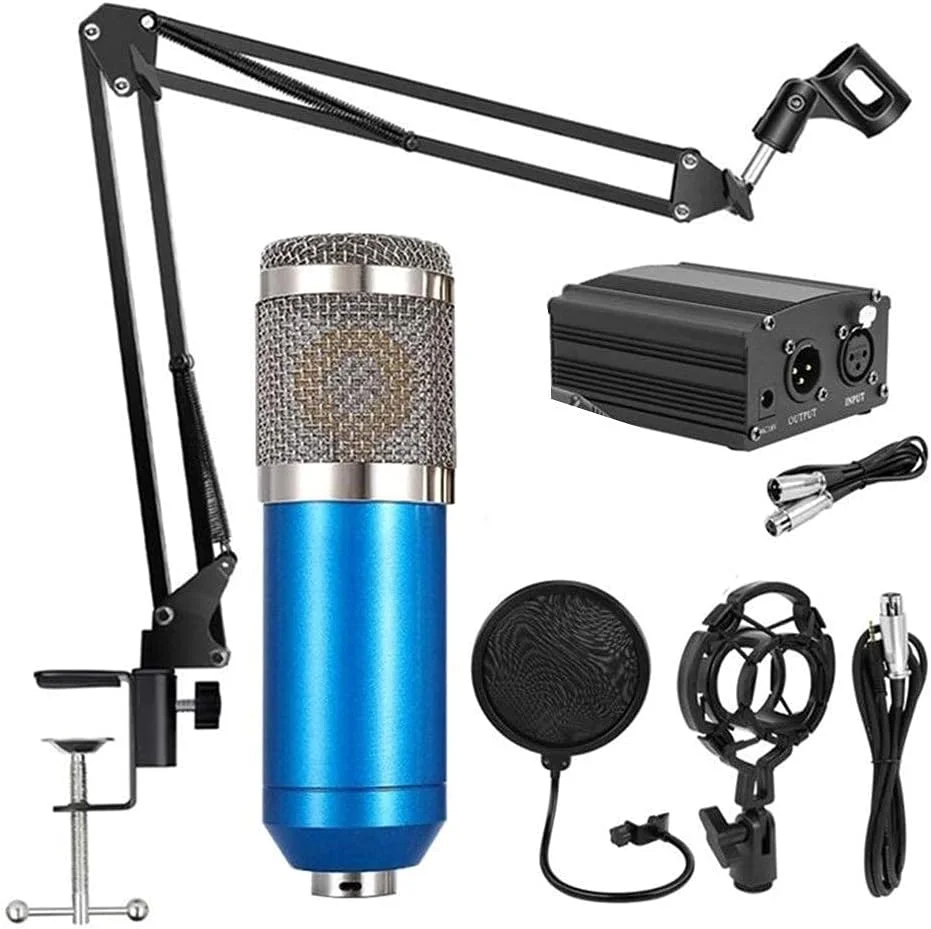 میکروفون کاندنسر BM800 حرفه ای با سیستم تعلیق، مناسب برای ضبط و پخش موبایلی به همراه منبع تغذیه 48 ولت