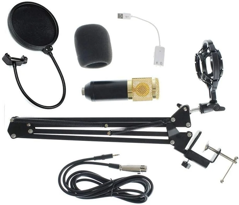 کیت میکروفون کاندنسر استودیویی با بازوی قیچی آویز و کارت صدا، مجموعه تجهیزات ضبط