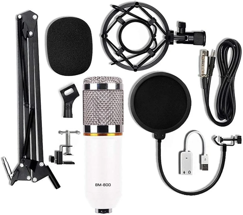 میکروفون کاندنسر BM-800 به همراه کارت صدای USB و پایه نگهدارنده مناسب برای پخش رادیویی و آواز