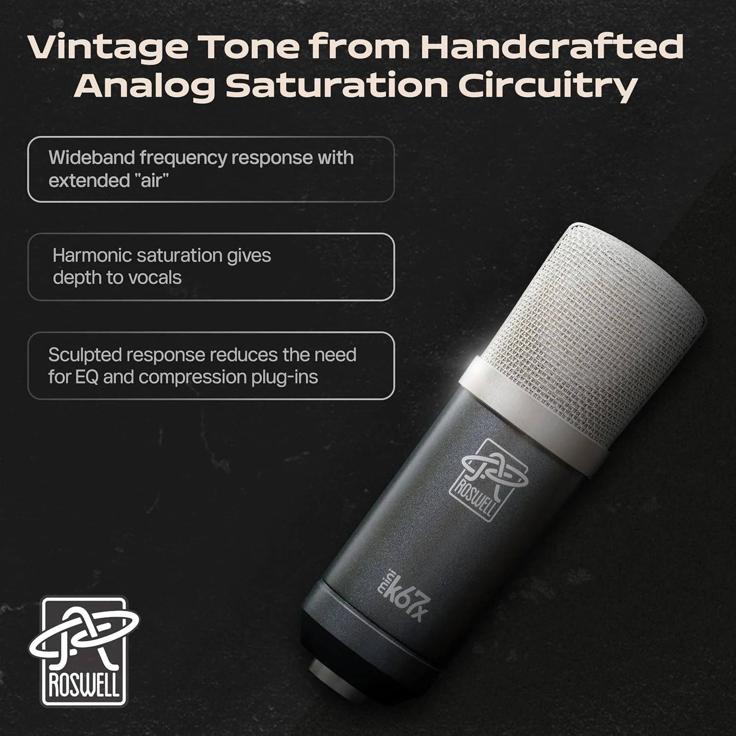 میکروفون استودیویی حرفه ای کاندنسر با دیافراگم بزرگ 34 میلی متری Roswell Pro Audio Mini K67x با مدار وینتیج، ترانسفورماتور خروجی سفارشی و اشباع هارمونیک برای پادکست، وکال، گیتار - 1U