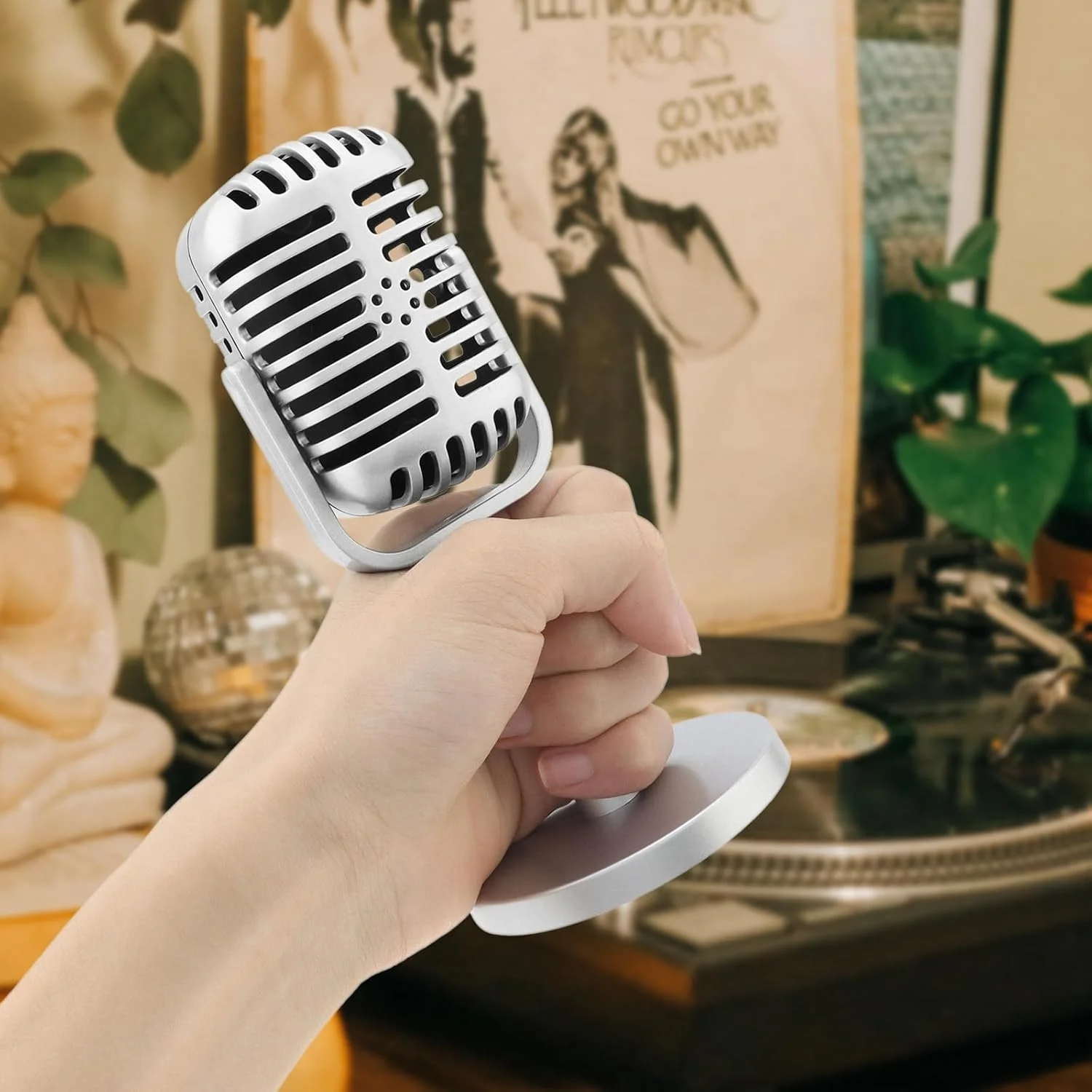 مدل میکروفون تزئینی رترو RTNLIT، میکروفون قدیمی دکوری با پایه، میکروفون فیک برای مهمانی، تزئینات جعبه موسیقی (مشکی)