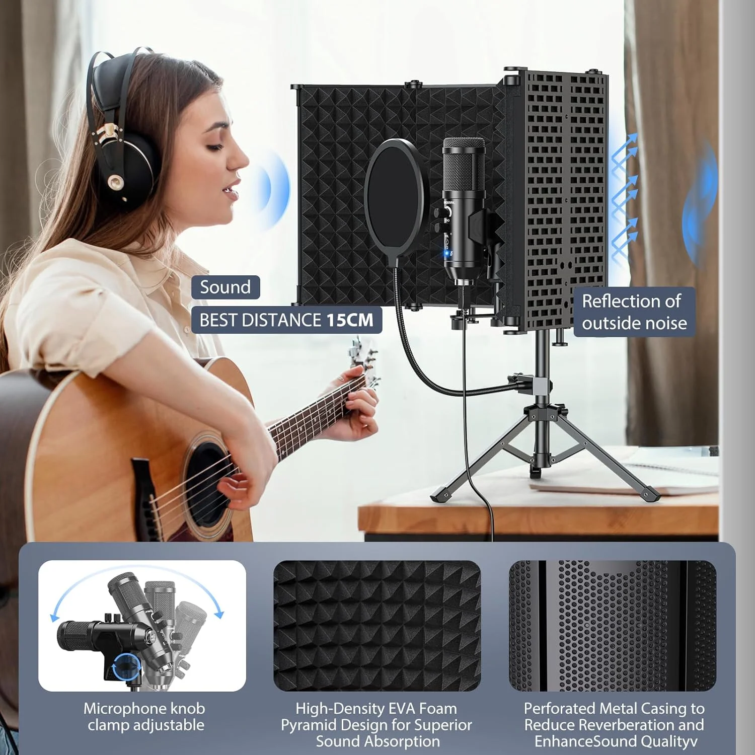 محافظ ایزولاسیون میکروفون استودیویی با پاپ فیلتر و کیت پایه سه پایه، میکروفون استودیویی برای تجهیزات لپ تاپ و کامپیوتر، کندانسور وکال
