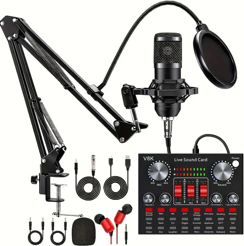 میکروفون USB - میکروفون کاندنسر برای کامپیوتر، میکروفون پادکست برای ضبط، کیت میکروفون USB 192KHZ/24Bit با بازوی بوم و چیپست صدا، مشکی