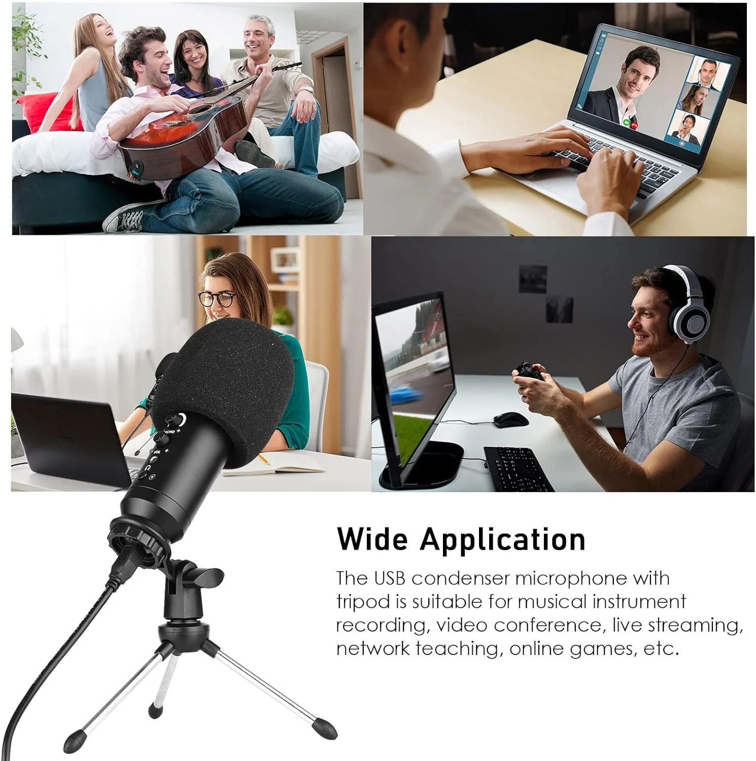 میکروفون کاندنسر کاردیوئید USB برای کامپیوتر و تلفن با قابلیت قطع صدا، کاهش نویز، اتصال BT، به همراه پایه رومیزی فلزی کوچک، بادگیر و کابل USB مناسب برای ضبط موسیقی، پخش زنده و خوانندگی آنلاین