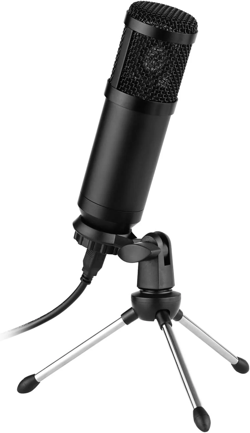 میکروفون کاندنسر کاردیوئید USB برای کامپیوتر و تلفن با قابلیت قطع صدا، کاهش نویز، اتصال BT، به همراه پایه رومیزی فلزی کوچک، بادگیر و کابل USB مناسب برای ضبط موسیقی، پخش زنده و خوانندگی آنلاین
