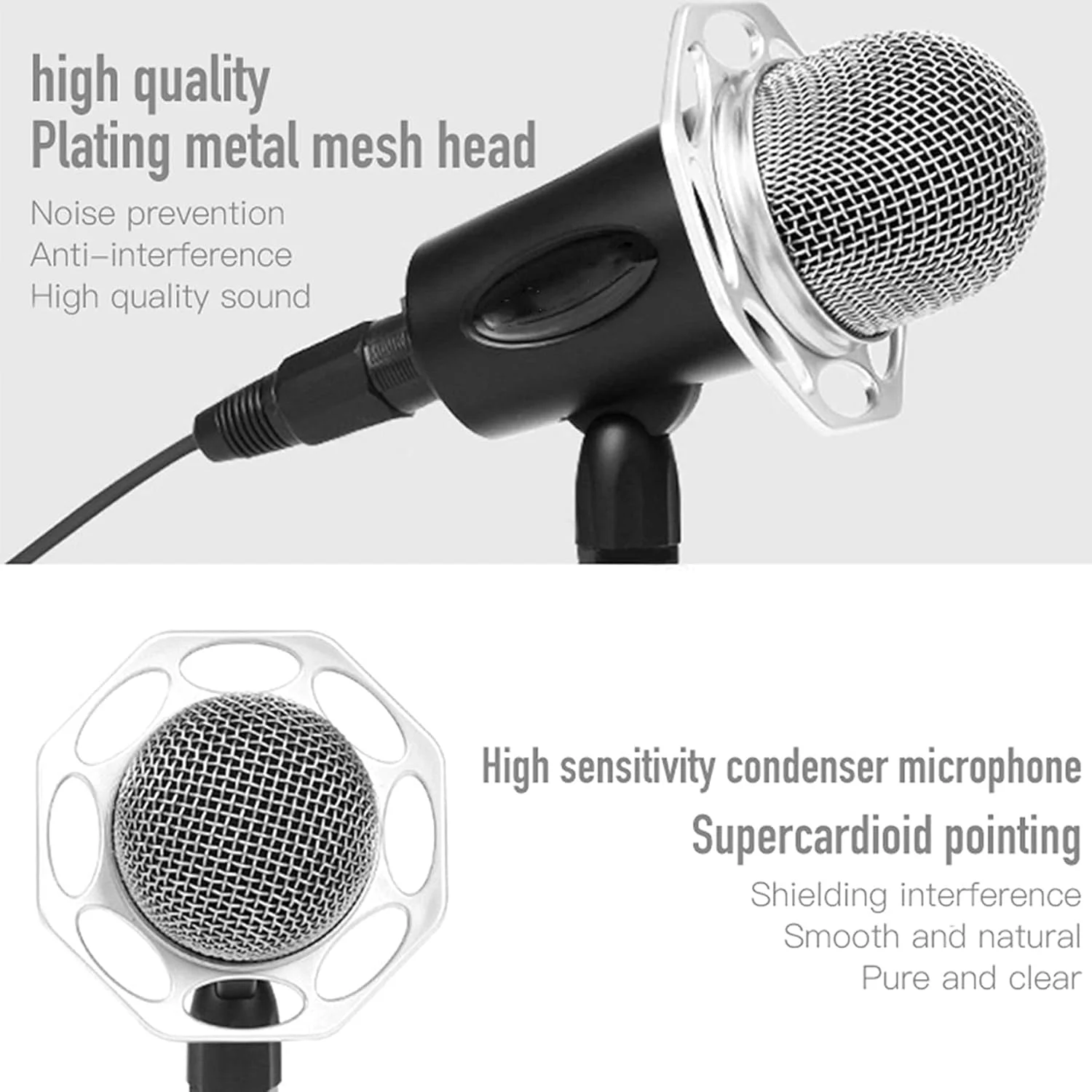 میکروفون کاندنسر سیم دار ضبط صدا، میکروفون فلزی 3.5 میلی متری با پایه رومیزی، میکروفون کامپیوتر قابل حمل برای استودیو، پخش زنده و میکروفون های وکال