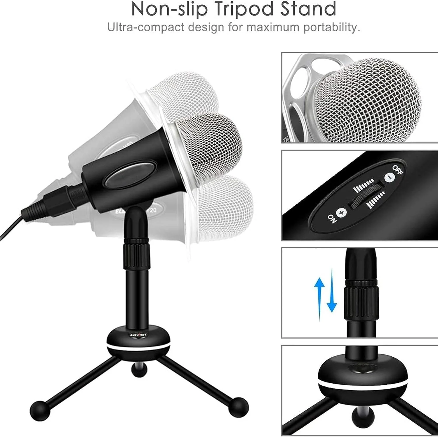 میکروفون کاندنسر سیم دار ضبط صدا، میکروفون فلزی 3.5 میلی متری با پایه رومیزی، میکروفون کامپیوتر قابل حمل برای استودیو، پخش زنده و میکروفون های وکال