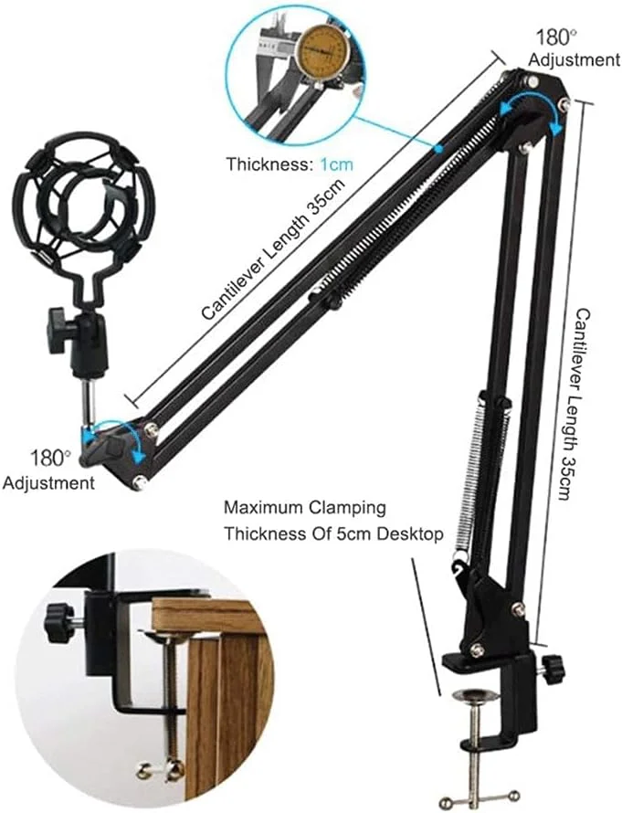 کیت میکروفون کاندنسر استودیویی با لرزه‌گیر، پایه بازویی، بادگیر و کابل برای پخش آنلاین و آواز