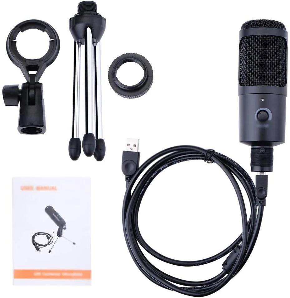 میکروفون کاندنسر USB برای ضبط صدا، پادکست، مناسب کامپیوتر، لپ تاپ و استند میکروفون