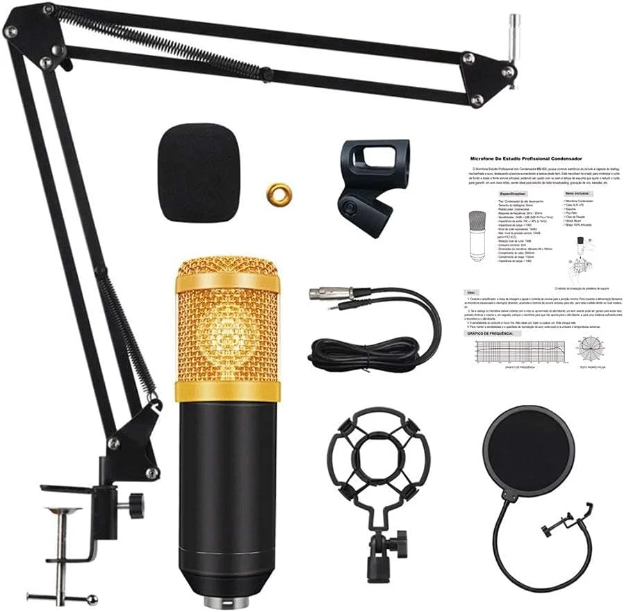 کیت میکروفون کاندنسر ضبط استودیویی با لرزه‌گیر، پایه بازویی، بادگیر و کابل برای پخش آنلاین و خوانندگی