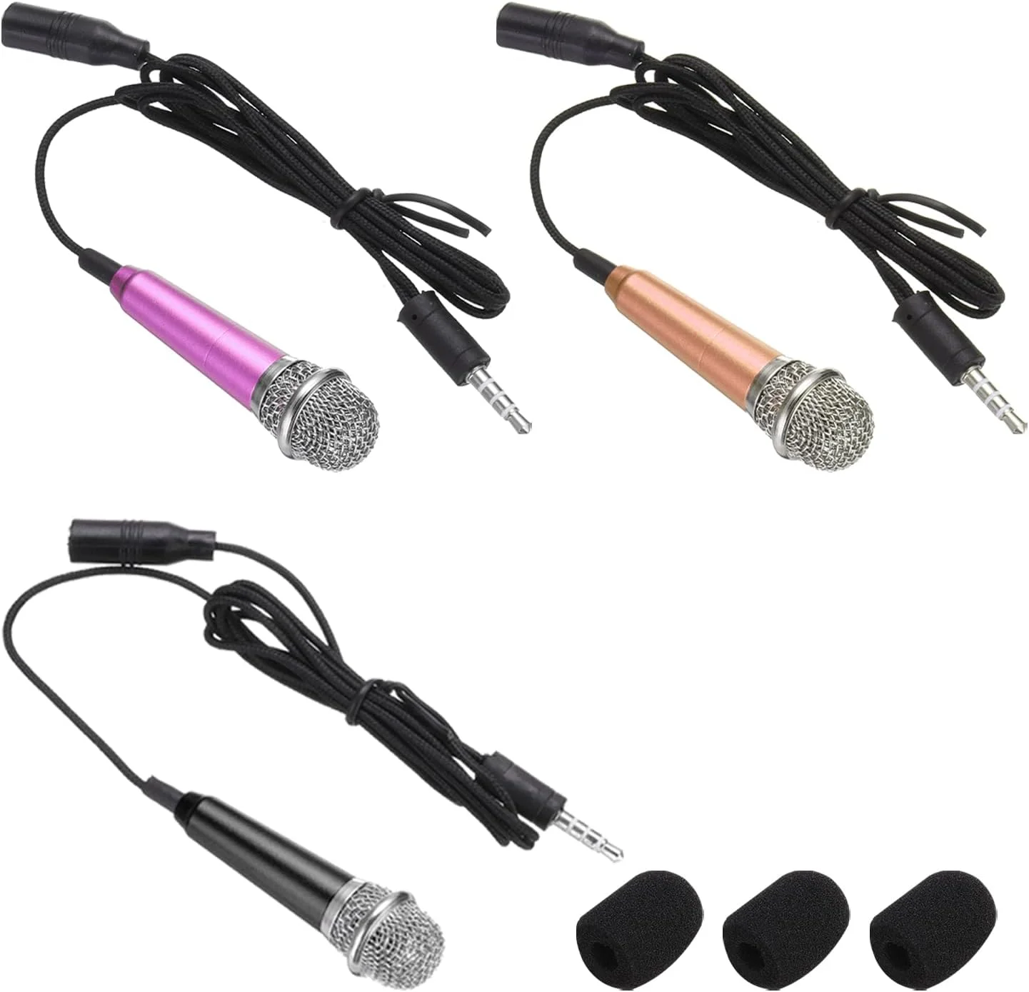 بسته 3 عددی میکروفون مینیاتوری QUARKZMAN، میکروفون کوچک تلفن، میکروفون کارائوکه کوچک با روکش اسفنجی برای ضبط صدا، مشکی/طلایی/قرمز گل رز