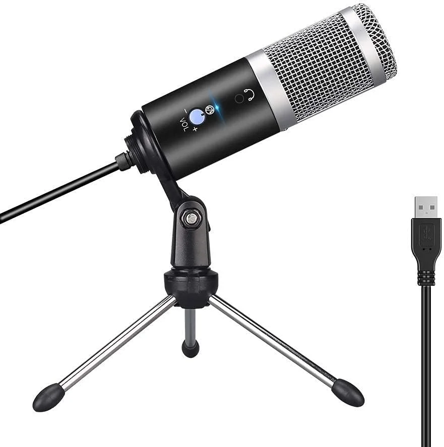 میکروفون ضبط USB، میکروفون کاندنسر USB حرفه ای برای کامپیوتر/لپ تاپ، اتصال آسان با پایه سه پایه برای ضبط استودیویی و پخش