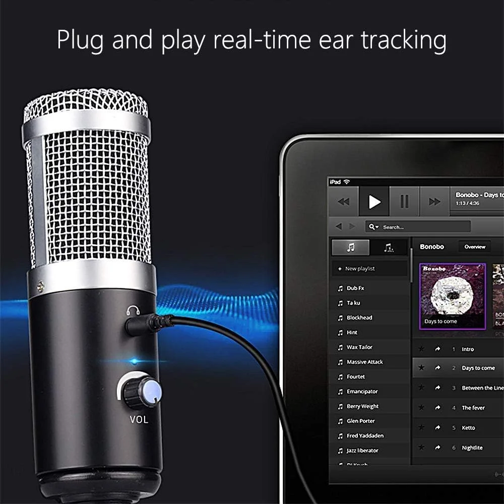 میکروفون ضبط USB، میکروفون کاندنسر USB حرفه ای برای کامپیوتر/لپ تاپ، اتصال آسان با پایه سه پایه برای ضبط استودیویی و پخش
