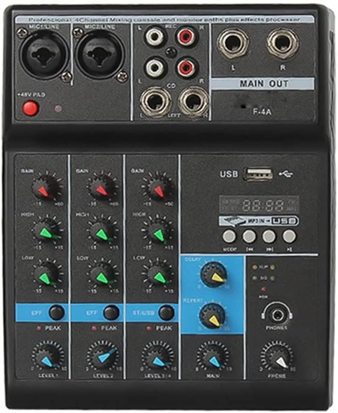 میکسر صوتی 4 کاناله بی سیم حرفه ای F-4A، کنسول میکس صدا قابل حمل بلوتوث USB با ورودی فانتوم پاور مانیتور