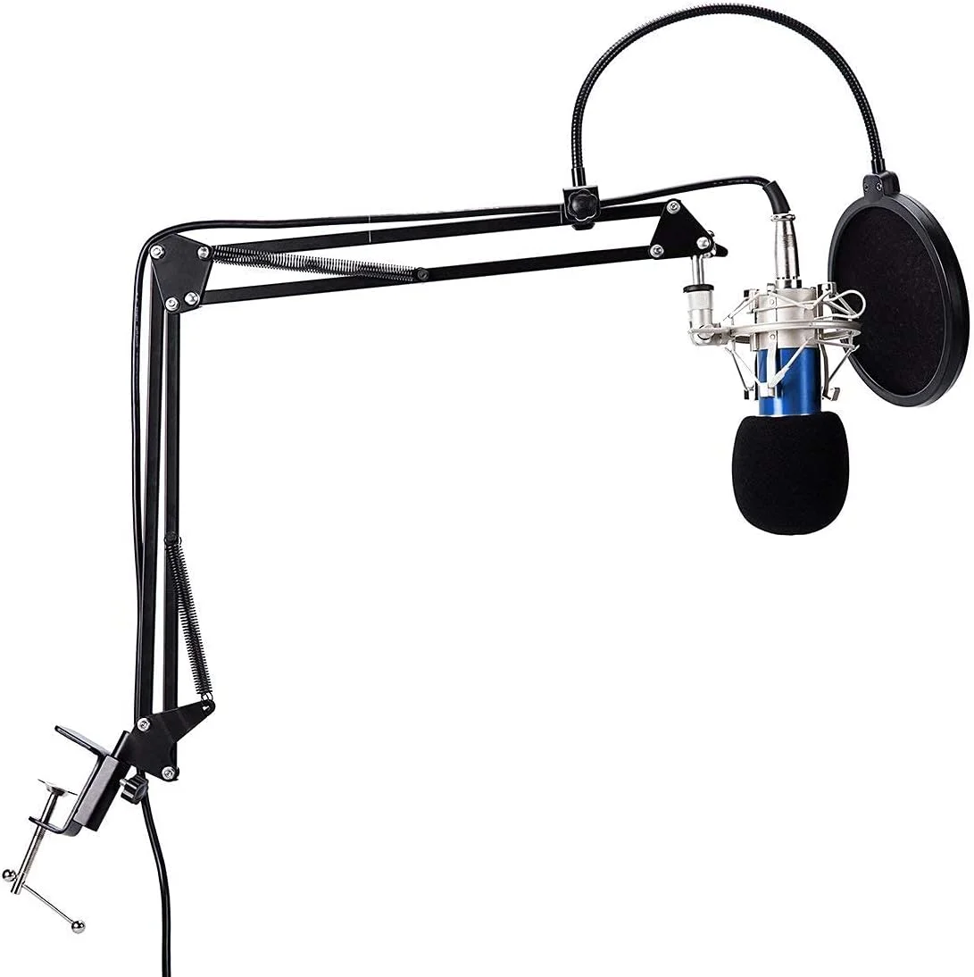 میکروفون کاندنسر حرفه ای استودیویی + بازوی نگهدارنده قابل تنظیم میکروفون با پایه ضد لرزش و گیره نصب