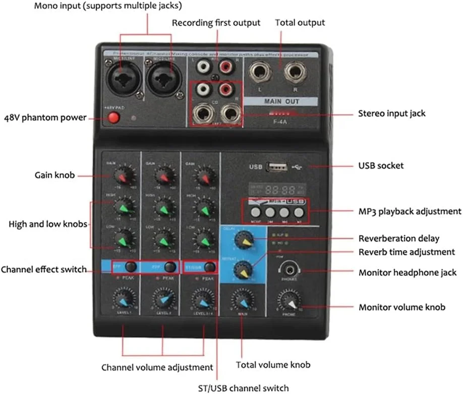 میکسر صوتی 4 کاناله بی سیم حرفه ای F-4A، کنسول میکس صدا قابل حمل بلوتوث USB با ورودی فانتوم پاور مانیتور