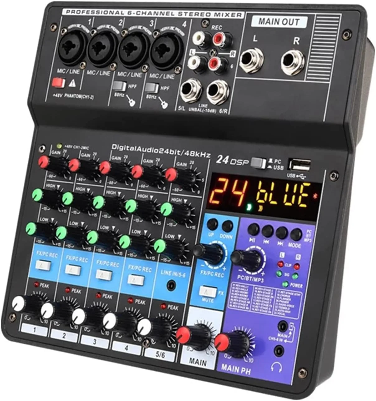 میکسر صدای 6 کاناله حرفه ای قابل حمل DJ کنسول ترکیب صدا ورودی کامپیوتر مدل برق 48 ولت برای ضبط استیج گروه خانگی