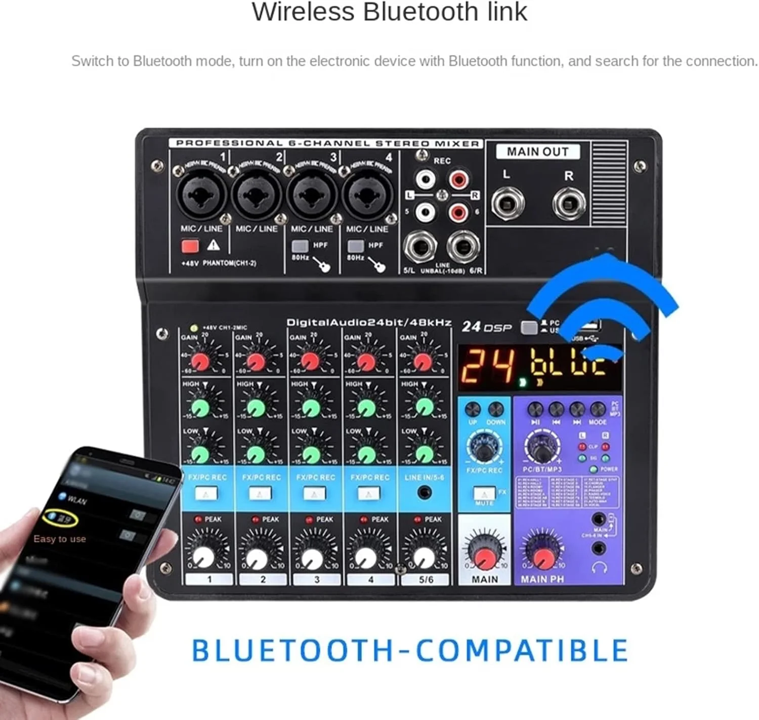 میکسر صدای 6 کاناله حرفه ای قابل حمل DJ کنسول ترکیب صدا ورودی کامپیوتر مدل برق 48 ولت برای ضبط استیج گروه خانگی