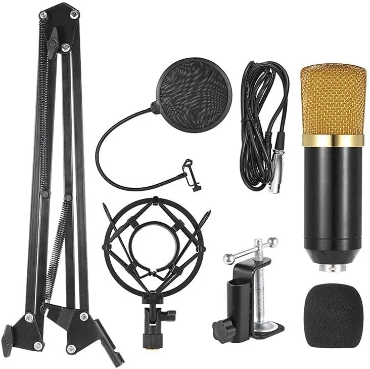 میکروفون کاندنسر استودیویی حرفه ای با پایه ضد ضربه و بازوی قیچی آویز قابل تنظیم