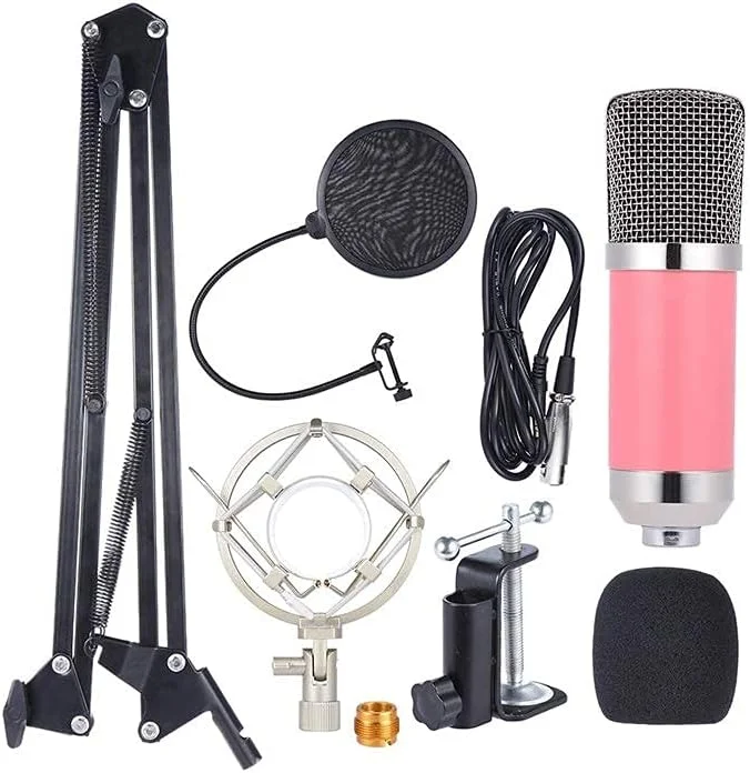 میکروفون کاندنسر استودیویی حرفه ای با پایه ضد ضربه و بازوی قیچی آویز قابل تنظیم