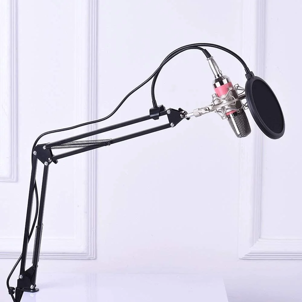 میکروفون کاندنسر استودیویی حرفه ای با پایه ضد ضربه و بازوی قیچی آویز قابل تنظیم
