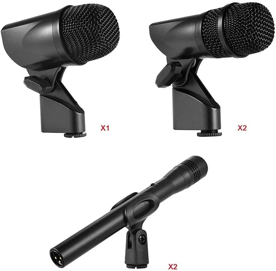مجموعه میکروفون سیم دار حرفه ای برای سازهای موسیقی درامز، شامل میکروفون بزرگ و کوچک درام