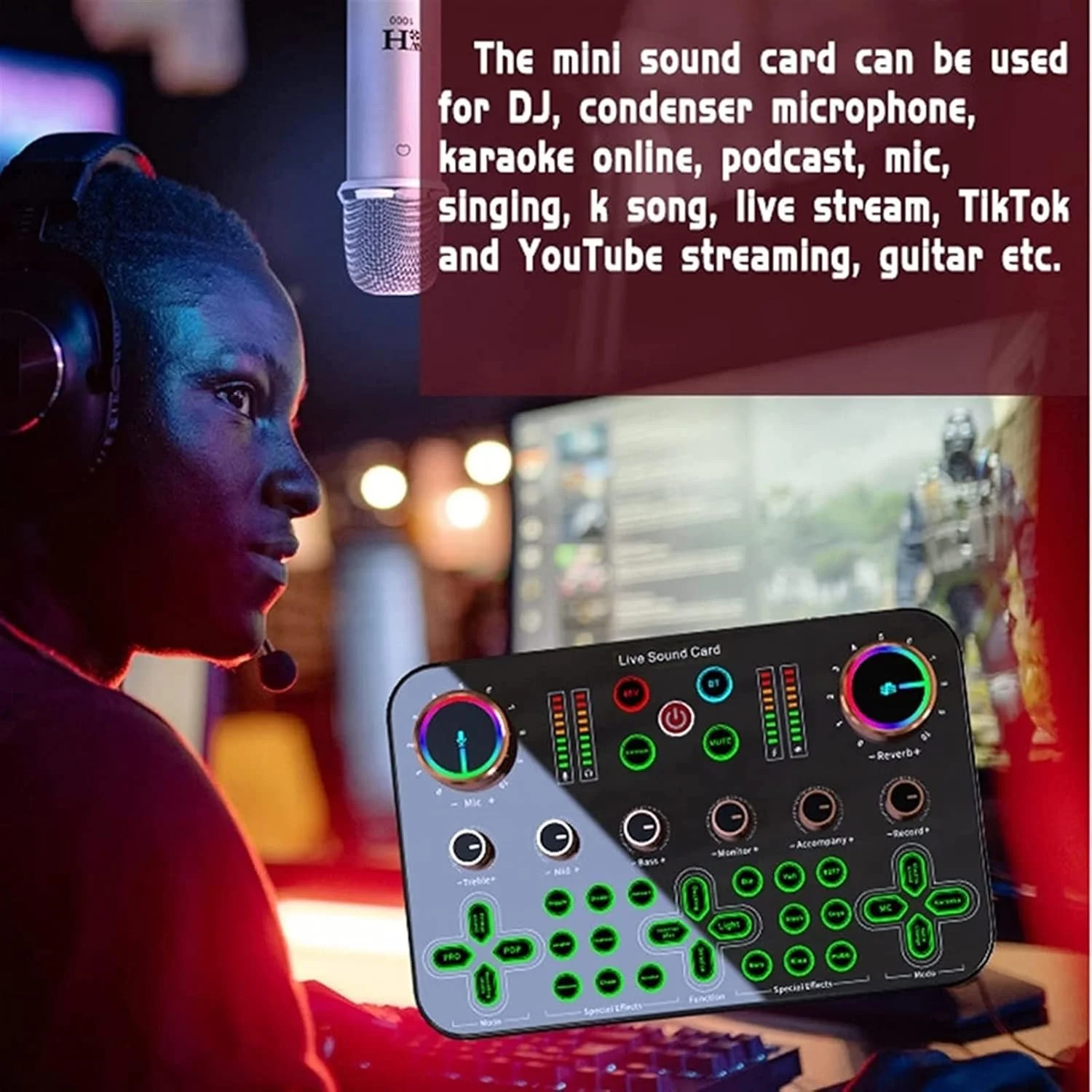 میکسر صوتی حرفه ای DJ16 کارت صدا 48 ولت میکروفون کاندنسر دیافراگم بزرگ تغییر صدا، مناسب برای دی جی، میکروفون کاندنسر، کارائوکه آنلاین