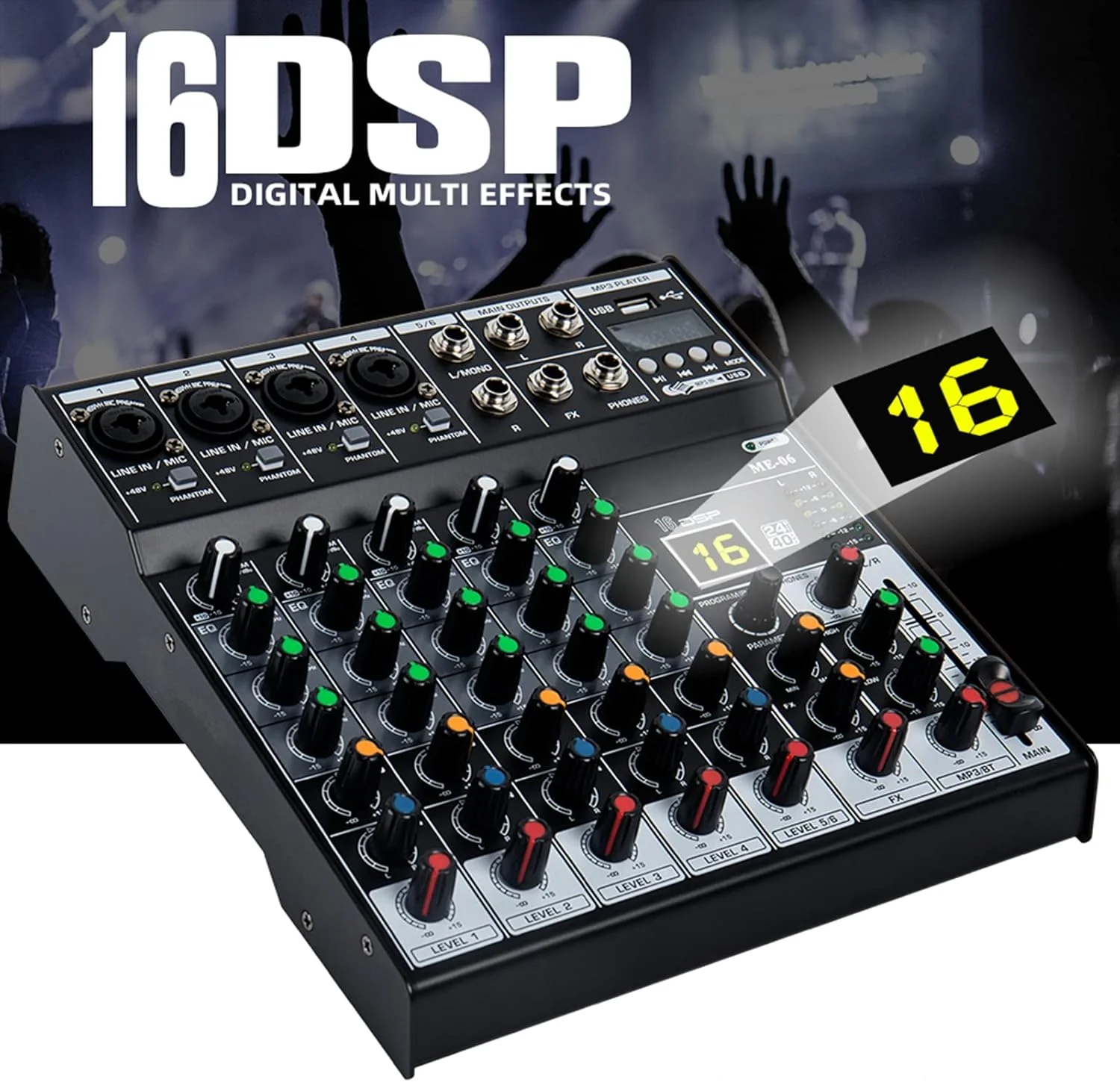 میکسر صوتی حرفه ای، سیستم کنسول برد صدا، رابط 6 کاناله میکسر دیجیتال DJ با افکت ریورب برای کارائوکه خانگی، میکسر زنده USB استیج