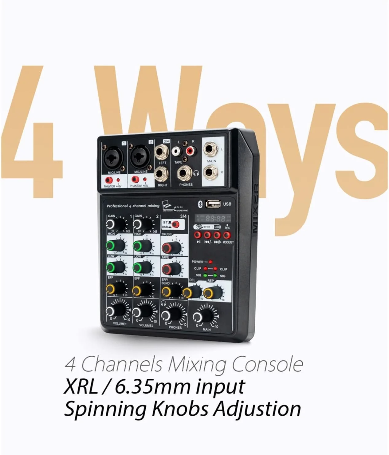 میکسر صدا، میکسر صدای حرفه ای 4 کانال با فانتوم پاور 48 ولت، ریورب FX، کنسول میکس دی جی، پخش کننده USB، کیفیت صدای استریو موسیقی