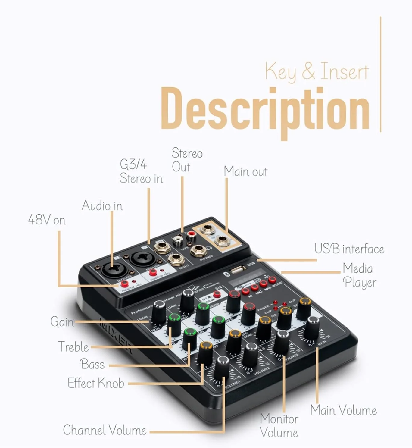 میکسر صدا، میکسر صدای حرفه ای 4 کانال با فانتوم پاور 48 ولت، ریورب FX، کنسول میکس دی جی، پخش کننده USB، کیفیت صدای استریو موسیقی