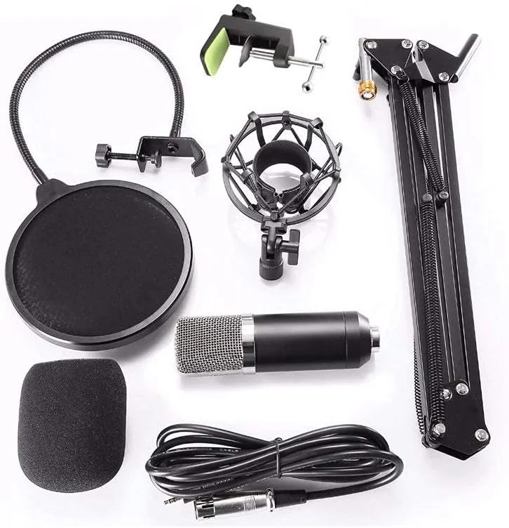 کیت میکروفون کاندنسر استودیویی حرفه ای برای ضبط صدا با پایه میکروفون و لرزه گیر