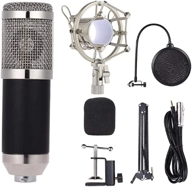 میکروفون کاندنسر استودیویی حرفه ای برای ضبط صدا با جک 3.5 میلی متری، به همراه لرزه گیر، بازوی قیچی دار نگهدارنده