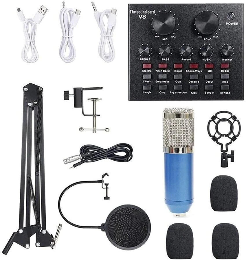 کیت کارت صدای زنده چند منظوره + میکروفون کاندنسر ضبط انتقال با پایه نگهدارنده