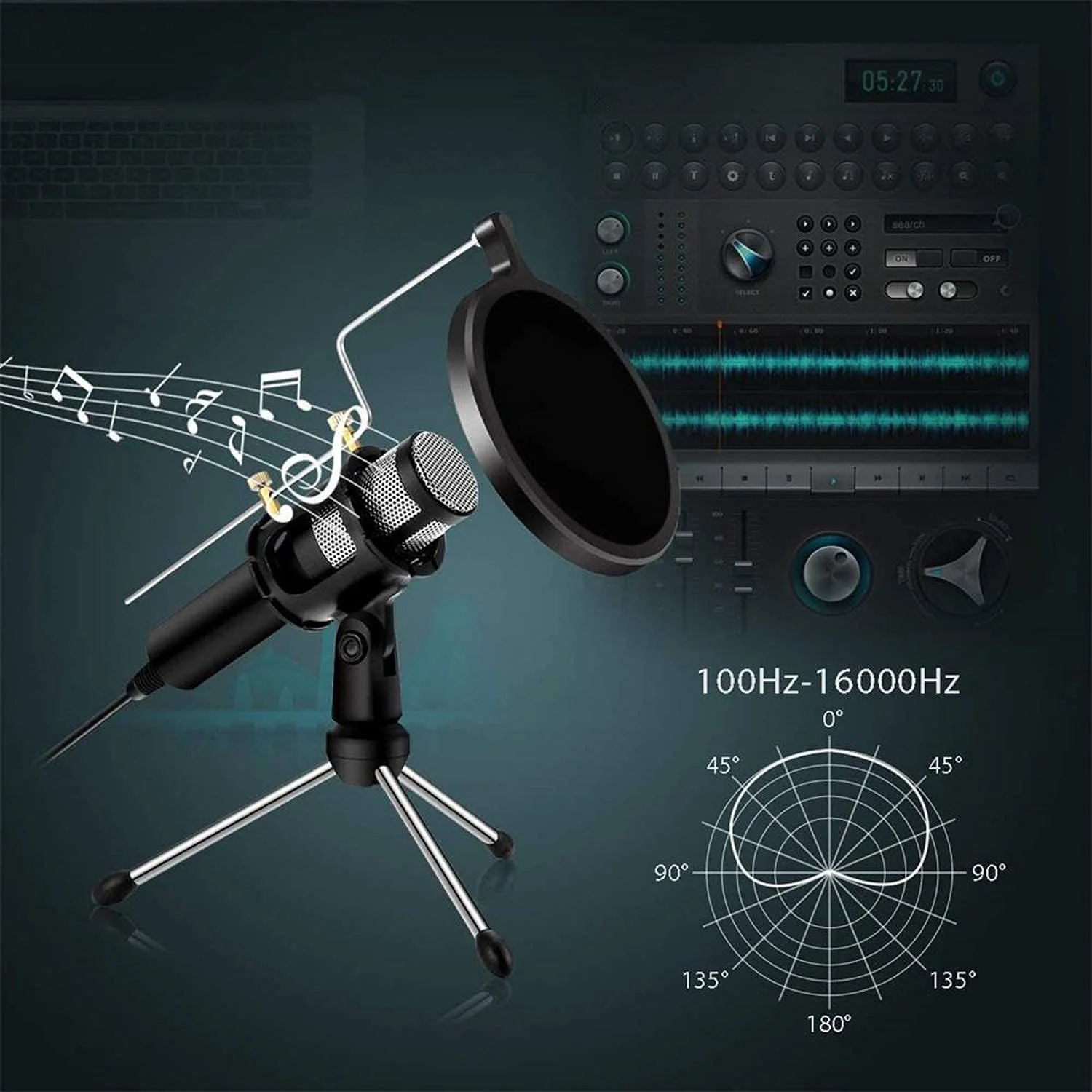 کیت میکروفون USB، مجموعه میکروفون ضبط فلزی قابل حمل با پایه بازوی قابل تنظیم، میکروفون کندانسور کامپیوتر برای ضبط استودیویی آواز و پخش